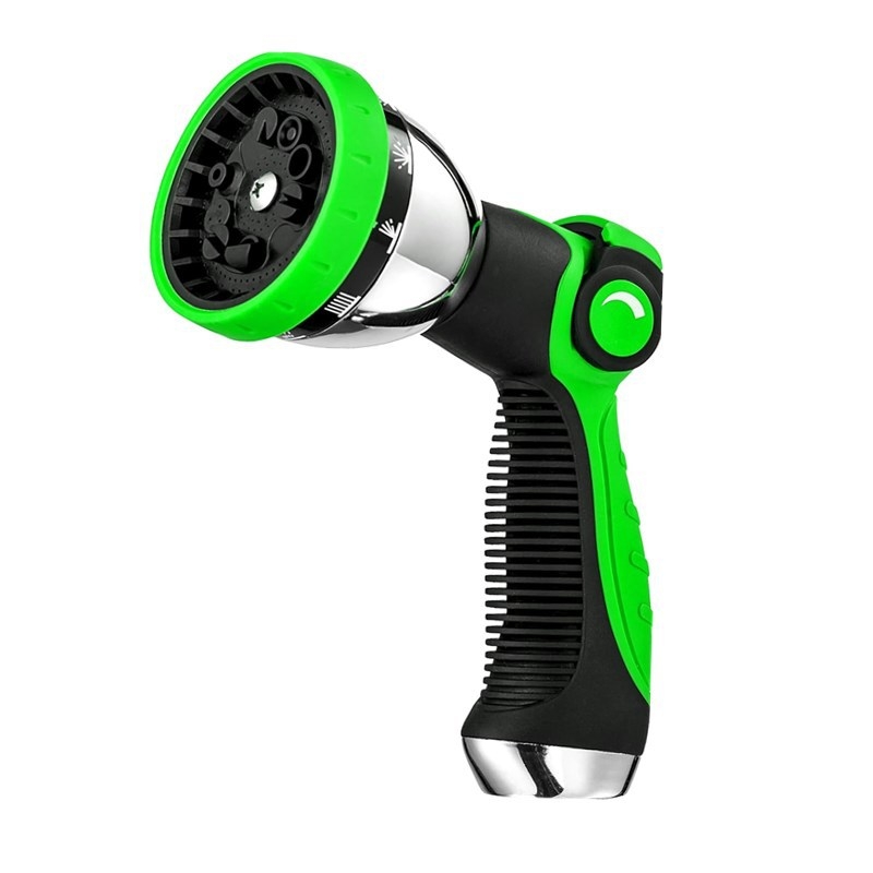 Augstas darba spiediena dārza ūdens pistole, galva no cinka sakausējuma, rokturis ar gumijas pārklājumu, izsmidzināšanas attālums 12 m, ūdens spiediens 8 kg, svars 0.4 kg