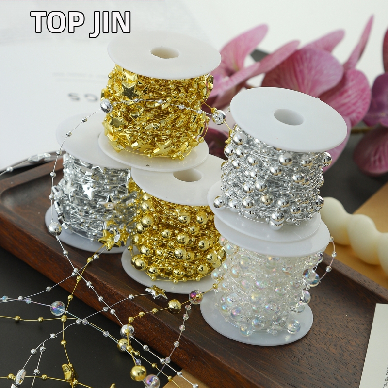 Декоративна лента с цветни перли и звезди — пластмасова, 10 м ролка, марка Shangjin, за DIY чанти