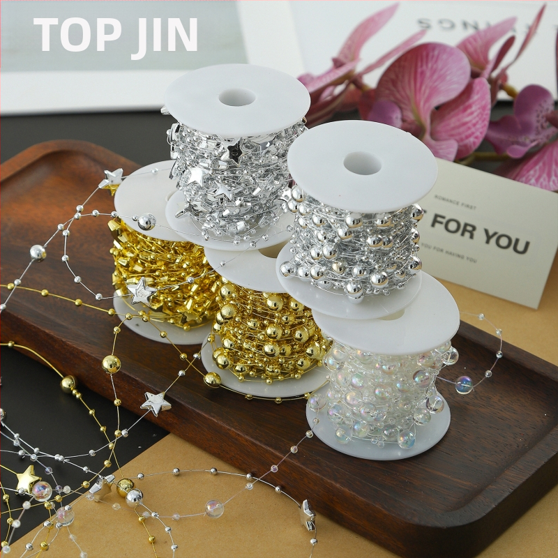 Декоративна лента с цветни перли и звезди — пластмасова, 10 м ролка, марка Shangjin, за DIY чанти