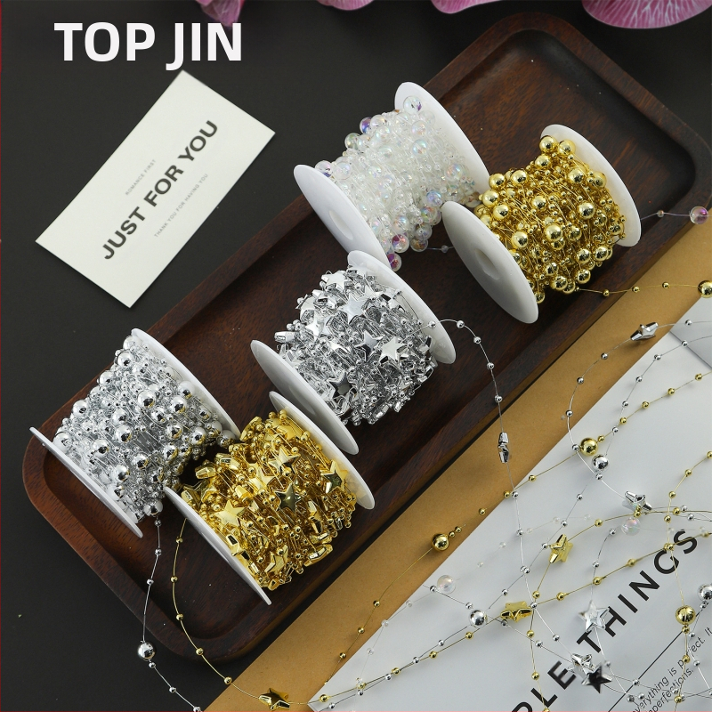 Декоративна лента с цветни перли и звезди — пластмасова, 10 м ролка, марка Shangjin, за DIY чанти