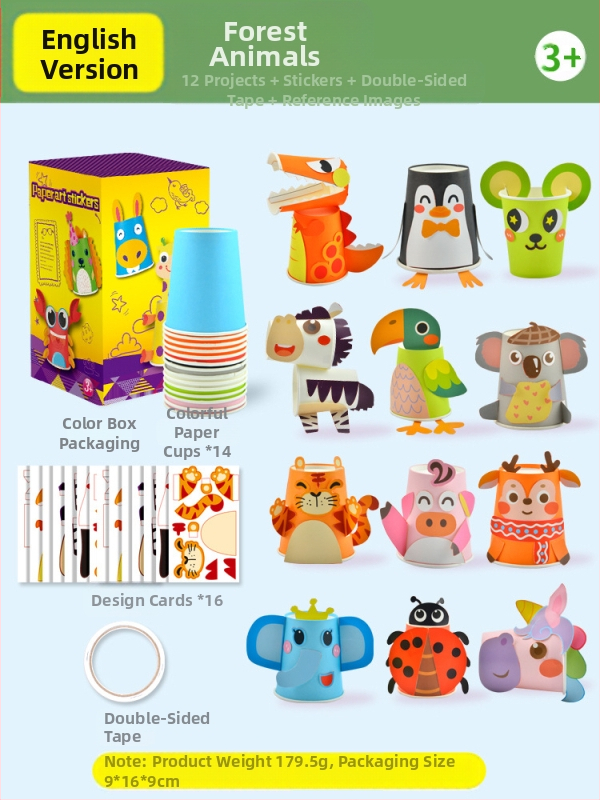 Bērnu roku darbs ar papīra kausiem – izglītojošs mākslas spēļu komplekts; Materiāls: papīrs; Zīmols: Hibiscus angel; Ieteicamais vecums: 4–6 gadi; Iepakojums: kastīte