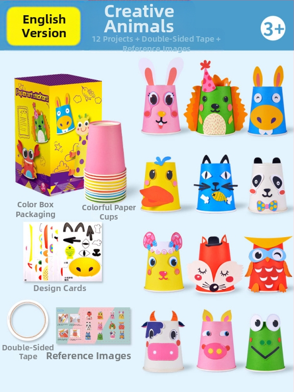 Bērnu roku darbs ar papīra kausiem – izglītojošs mākslas spēļu komplekts; Materiāls: papīrs; Zīmols: Hibiscus angel; Ieteicamais vecums: 4–6 gadi; Iepakojums: kastīte