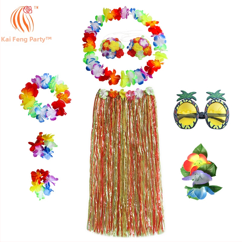 Kaifeng Party Kostým Hawaii Hula pre plážové oslavy - sada 8 dielov, sukňa zo trávy, veniec na hlavu a doplnky