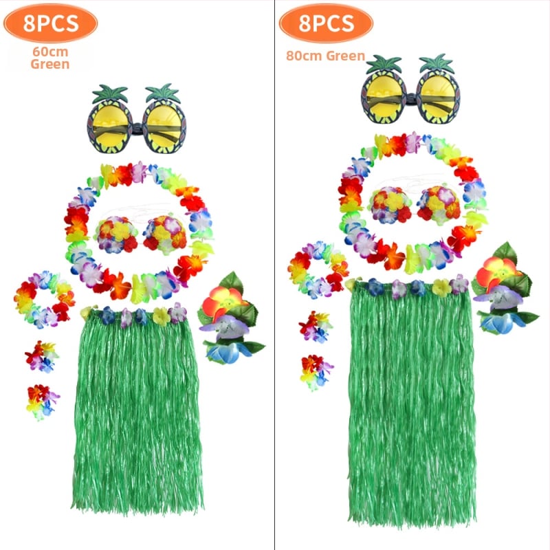 Kaifeng Party Хула танцов костюм — 8-частов комплект: grass skirt, garland, bra, glasses, hairpin; платно; полу-ръчна/полу-механична обработка; персонализация налична