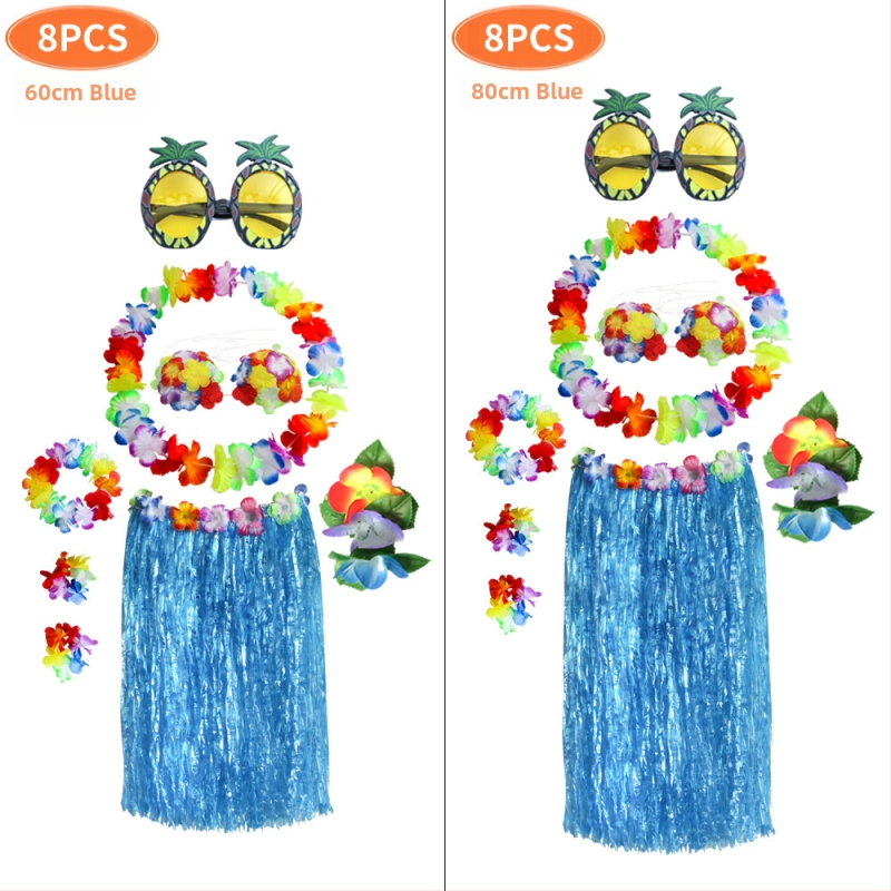 Kaifeng Party Хула танцов костюм — 8-частов комплект: grass skirt, garland, bra, glasses, hairpin; платно; полу-ръчна/полу-механична обработка; персонализация налична