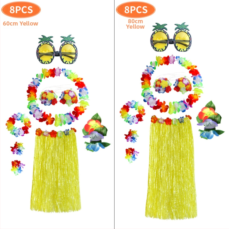 Kaifeng Party Хула танцов костюм — 8-частов комплект: grass skirt, garland, bra, glasses, hairpin; платно; полу-ръчна/полу-механична обработка; персонализация налична