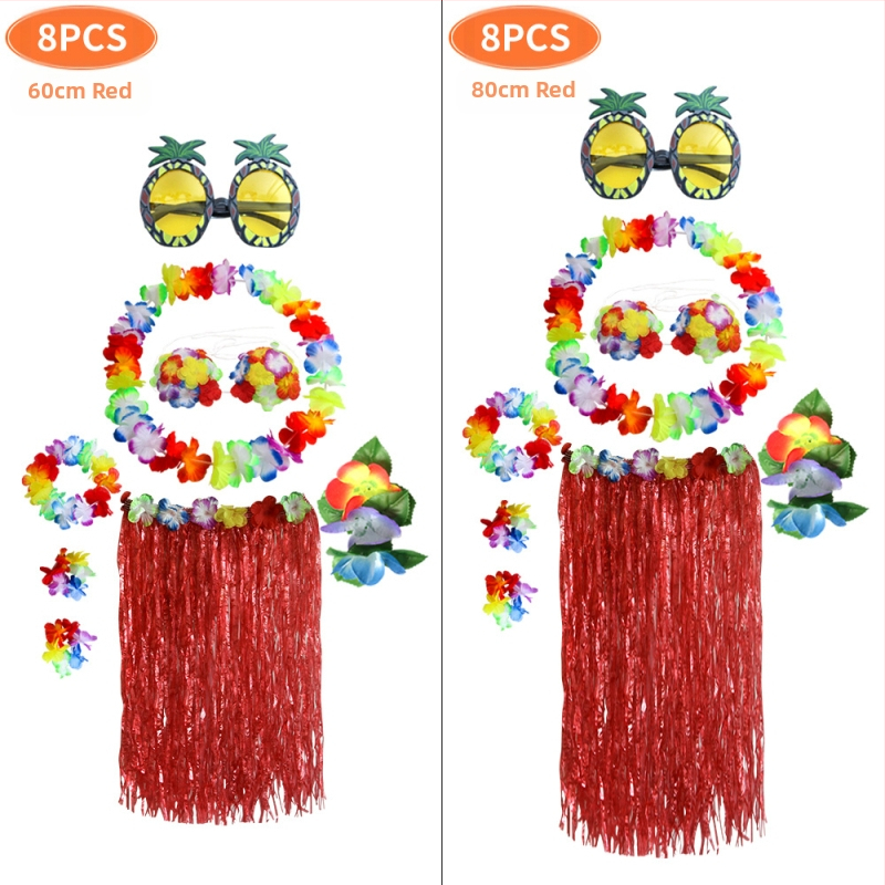 Kaifeng Party Хула танцов костюм — 8-частов комплект: grass skirt, garland, bra, glasses, hairpin; платно; полу-ръчна/полу-механична обработка; персонализация налична