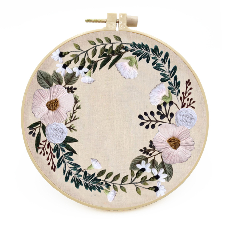 Комплект за платнена бродерия с цветя, стил модерен минимализъм; материали: памук и лен; модел: цветя/трева/листа; категория: комплект за бродерия; тип бродерия: друг