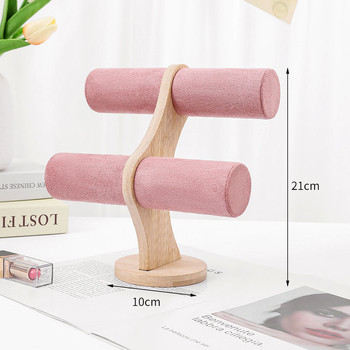 Koka apaļš divlīmeņu juvelierizstrādājumu displejs ar velūra pārklājumu un PU ādas akcentiem