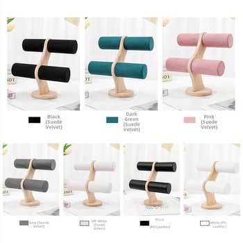 Koka apaļš divlīmeņu juvelierizstrādājumu displejs ar velūra pārklājumu un PU ādas akcentiem