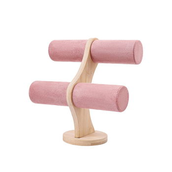 Koka apaļš divlīmeņu juvelierizstrādājumu displejs ar velūra pārklājumu un PU ādas akcentiem