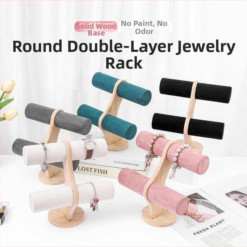 Koka apaļš divlīmeņu juvelierizstrādājumu displejs ar velūra pārklājumu un PU ādas akcentiem