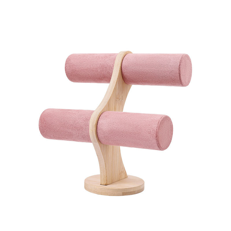 Koka apaļš divlīmeņu juvelierizstrādājumu displejs ar velūra pārklājumu un PU ādas akcentiem