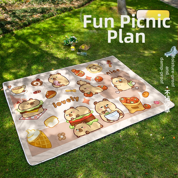Пикник подложка с карикатурна капибара — преносима за къмпинг и открито; водоустойчива подплата от алуминиево фолио; Oxford плат; стил: карикатура; пускане: пролет 2022