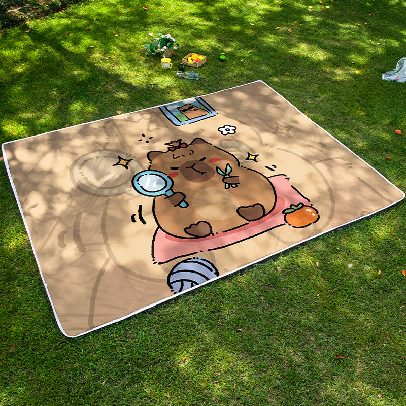 Пикник подложка с карикатурна капибара — преносима за къмпинг и открито; водоустойчива подплата от алуминиево фолио; Oxford плат; стил: карикатура; пускане: пролет 2022