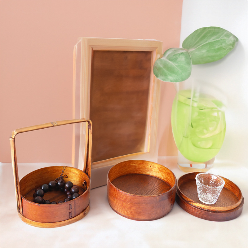 Ξύλινο κουτί γεύματος, στρογγυλό σχήμα, ρετρό στυλ, χειροκίνητος σχεδιασμός; σταθερό μοτίβο