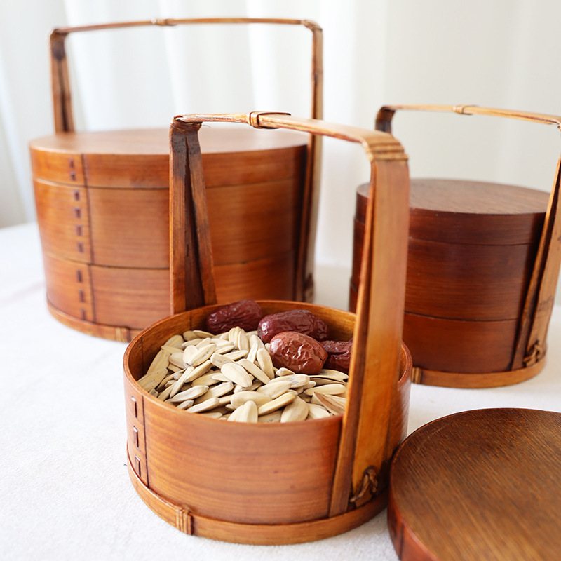 Ξύλινο κουτί γεύματος, στρογγυλό σχήμα, ρετρό στυλ, χειροκίνητος σχεδιασμός; σταθερό μοτίβο