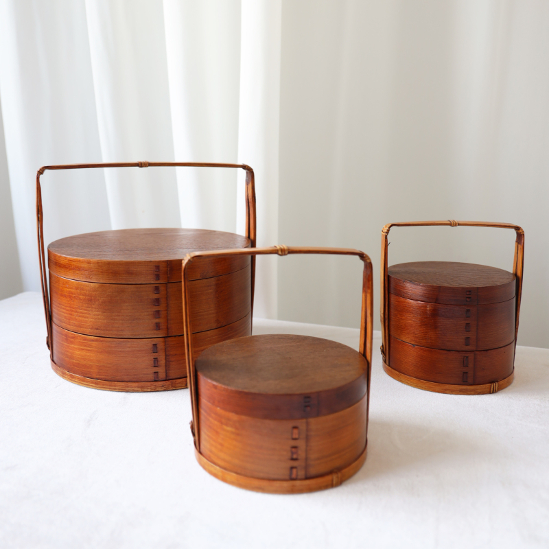 Ξύλινο κουτί γεύματος, στρογγυλό σχήμα, ρετρό στυλ, χειροκίνητος σχεδιασμός; σταθερό μοτίβο