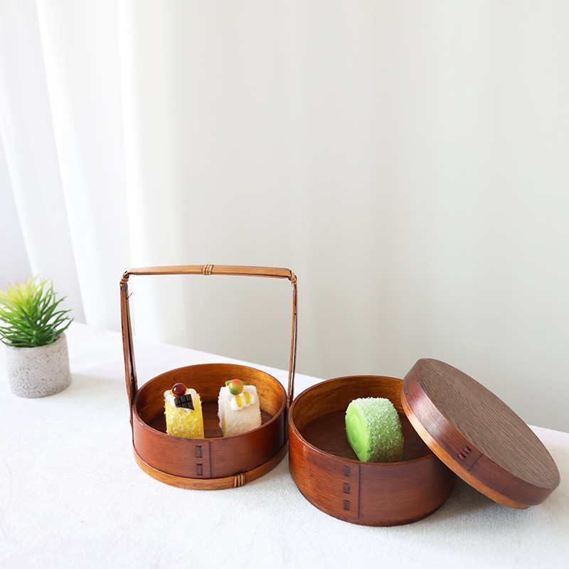 Ξύλινο κουτί γεύματος, στρογγυλό σχήμα, ρετρό στυλ, χειροκίνητος σχεδιασμός; σταθερό μοτίβο