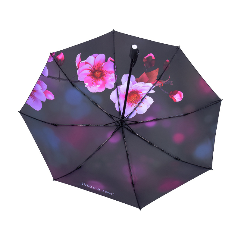 Αναδιπλούμενη ομπρέλα με μοτίβο ανθών κερασιάς, UV προστασία >50, πλαίσιο με 8 ραβδιά, ύφασμα 210T, χειροκίνητη λειτουργία