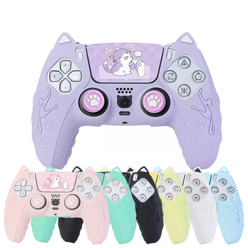 PS5 силиконов калъф за контролер с тема котешки уши, противохлъзващ и антиизпотяване, включва капачка за джойстик