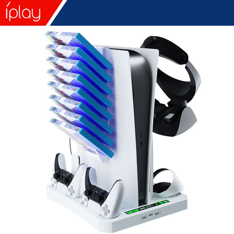 PS5 охлаждаща стойка с зарядно за PSVR2/PS5 контролери и рафт за съхранение на очила и дискове — TYPE-C, ABS, OEM, включва база и зарядно, съвместим с PS5