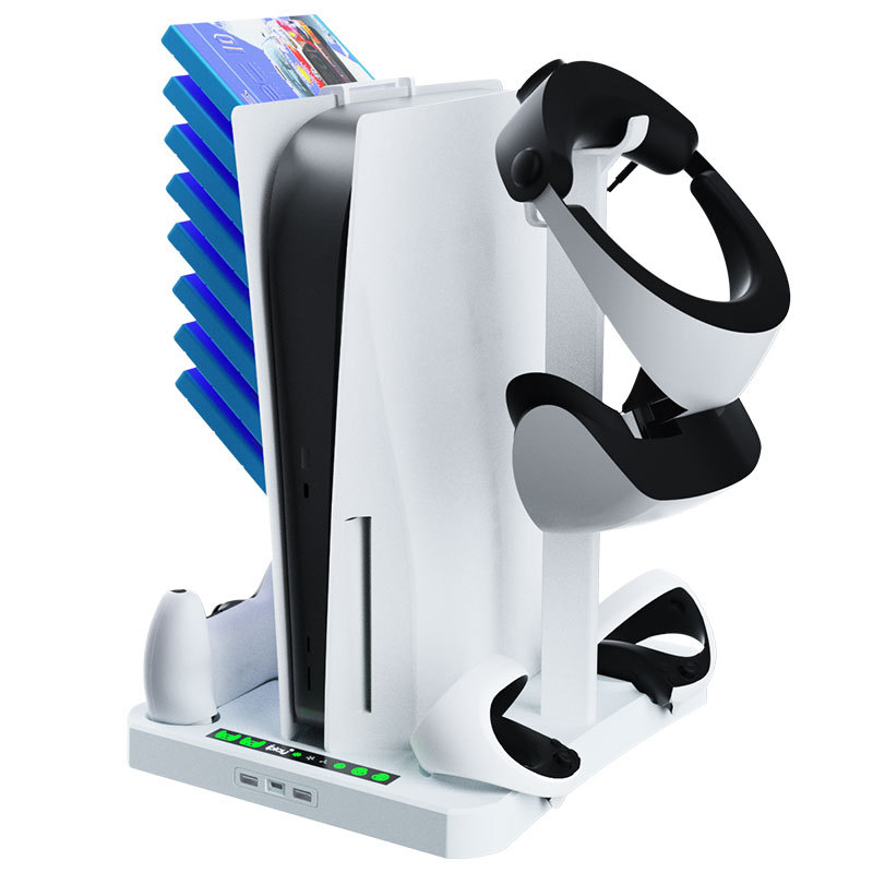 PS5 охлаждаща стойка с зарядно за PSVR2/PS5 контролери и рафт за съхранение на очила и дискове — TYPE-C, ABS, OEM, включва база и зарядно, съвместим с PS5