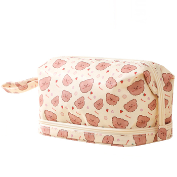 Τσαντάκι μακιγιάζ κορεατικού στυλ με διαμερισμό μεγάλης χωρητικότητας, διπλό επίπεδο για αποθήκευση κραγιόν, ιδανικό για ταξίδια (Υλικό: Πολυεστέρας)