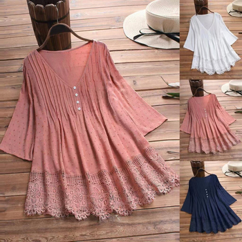 Bluza damă Jacquard dantelă cu decolteu în V (material din bumbac, model floral, mâneci scurte, cusături)