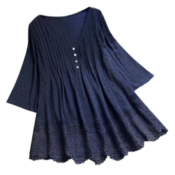 Bluza damă Jacquard dantelă cu decolteu în V (material din bumbac, model floral, mâneci scurte, cusături)