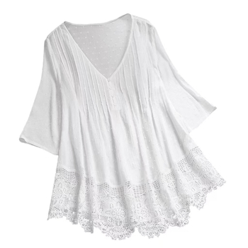 Bluza damă Jacquard dantelă cu decolteu în V (material din bumbac, model floral, mâneci scurte, cusături)