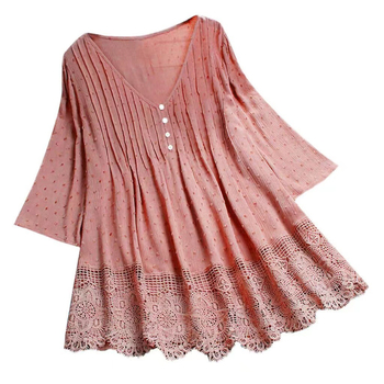 Bluza damă Jacquard dantelă cu decolteu în V (material din bumbac, model floral, mâneci scurte, cusături)