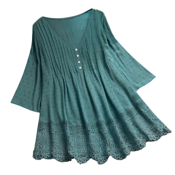 Bluza damă Jacquard dantelă cu decolteu în V (material din bumbac, model floral, mâneci scurte, cusături)