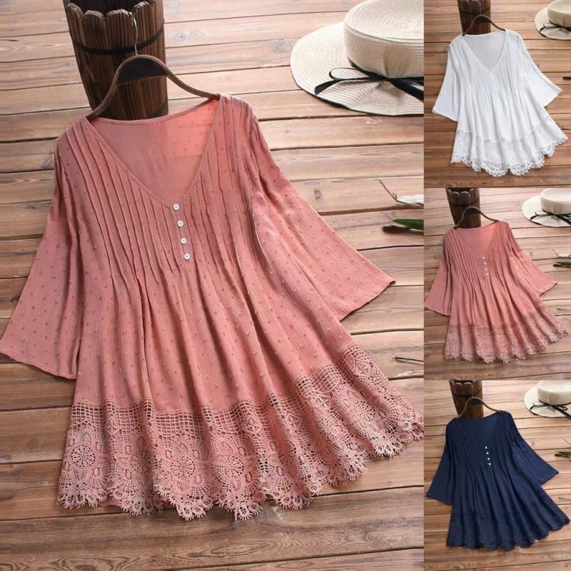 Bluza damă Jacquard dantelă cu decolteu în V (material din bumbac, model floral, mâneci scurte, cusături)