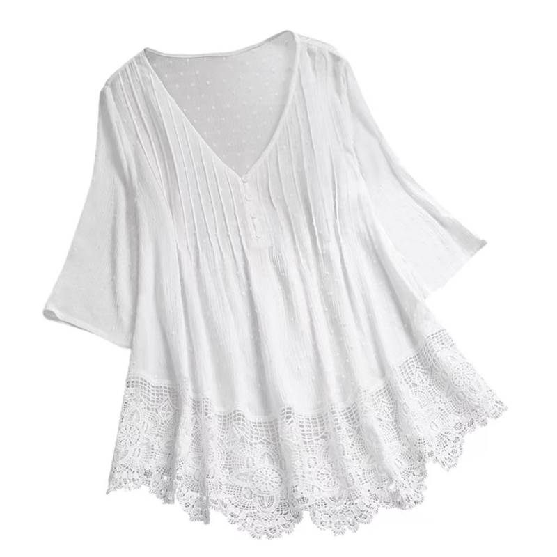 Bluza damă Jacquard dantelă cu decolteu în V (material din bumbac, model floral, mâneci scurte, cusături)