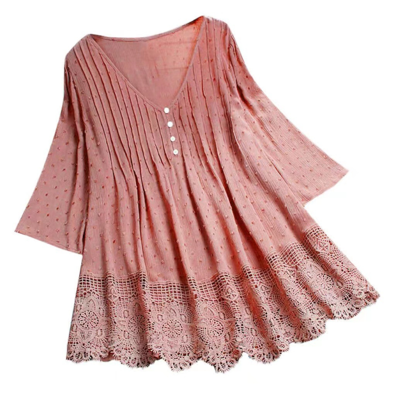 Bluza damă Jacquard dantelă cu decolteu în V (material din bumbac, model floral, mâneci scurte, cusături)