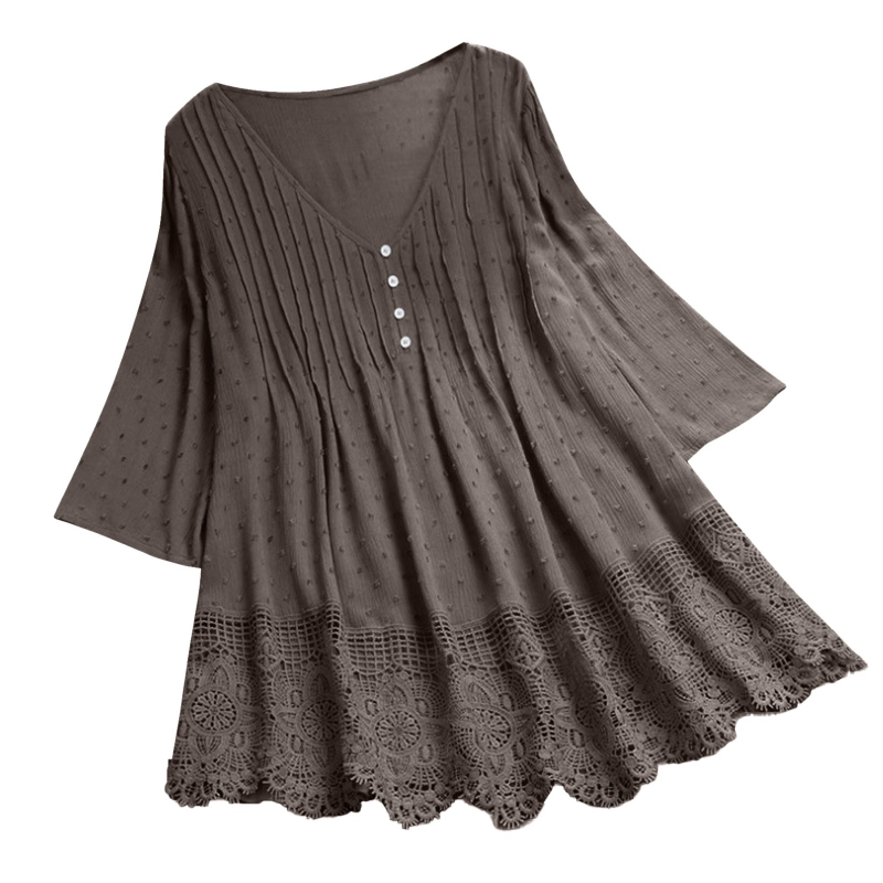 Bluza damă Jacquard dantelă cu decolteu în V (material din bumbac, model floral, mâneci scurte, cusături)