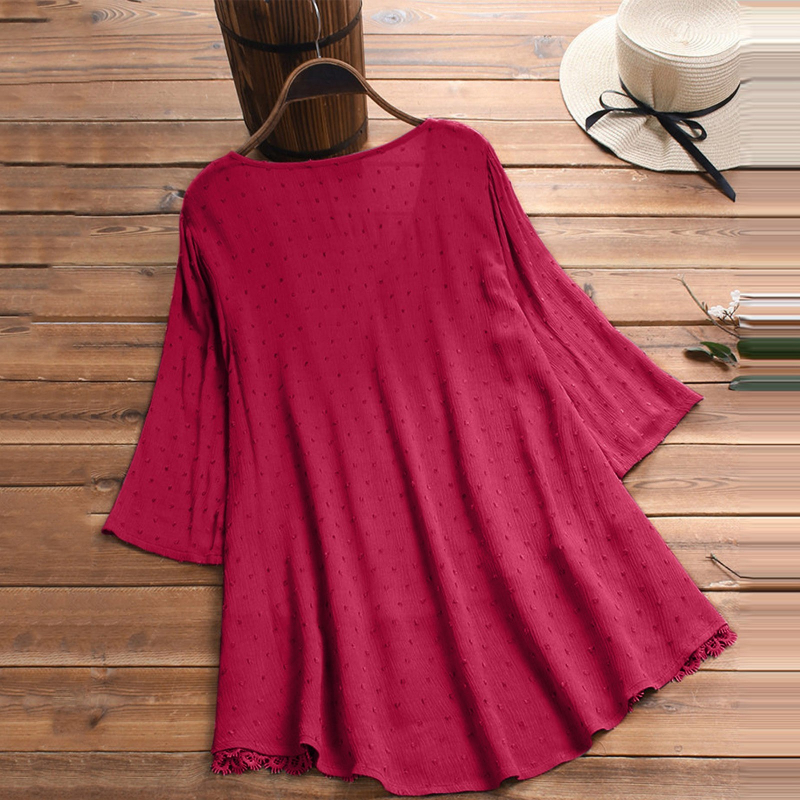 Bluza damă Jacquard dantelă cu decolteu în V (material din bumbac, model floral, mâneci scurte, cusături)