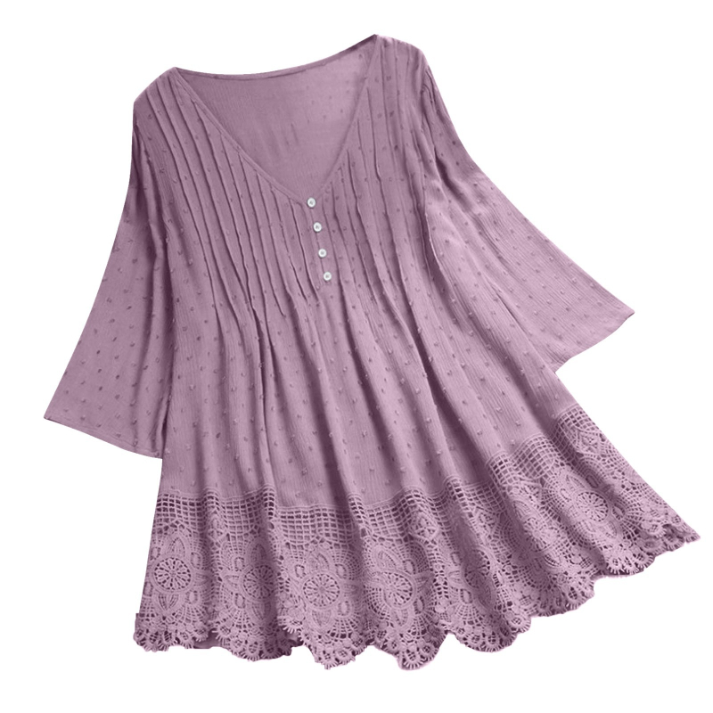 Bluza damă Jacquard dantelă cu decolteu în V (material din bumbac, model floral, mâneci scurte, cusături)