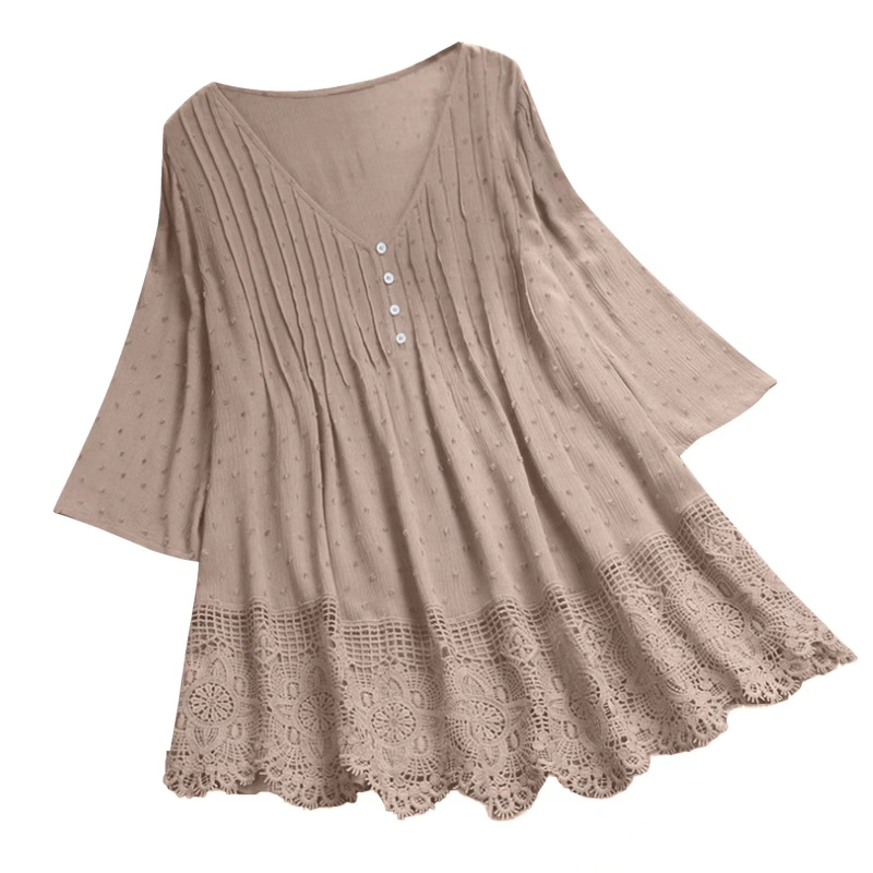 Bluza damă Jacquard dantelă cu decolteu în V (material din bumbac, model floral, mâneci scurte, cusături)