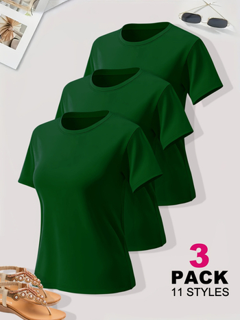 Σετ γυναικείων T‑shirt Milk Silk, πολυεστερική ύφανση, στρογγυλός λαιμός, κοντά μανίκια, 3 τεμάχια