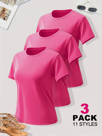 Σετ γυναικείων T‑shirt Milk Silk, πολυεστερική ύφανση, στρογγυλός λαιμός, κοντά μανίκια, 3 τεμάχια