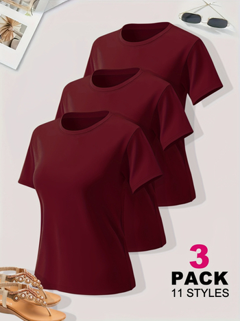 Σετ γυναικείων T‑shirt Milk Silk, πολυεστερική ύφανση, στρογγυλός λαιμός, κοντά μανίκια, 3 τεμάχια