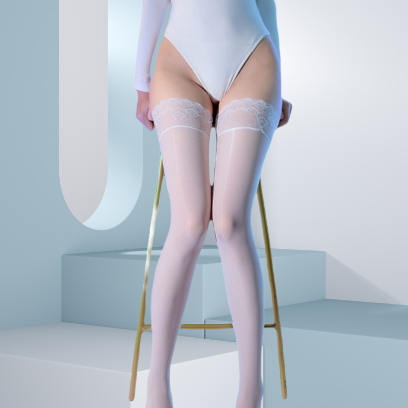 Κάλτσες μέχρι το μηρό με peacock lace edge και γυαλιστικό φινίρισμα — νάιλον 10D, ultra-thin, μακρύ σωλήνας, μονόχρωμες / συντονισμένες χρωματικά