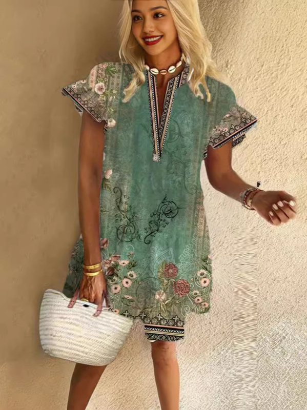 Cvjetna šifon haljina, A-linijski kroj, ovratnik s gumbima, rukavi 3/4 duljine, poliester 70–80%