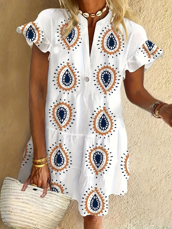 Cvjetna šifon haljina, A-linijski kroj, ovratnik s gumbima, rukavi 3/4 duljine, poliester 70–80%