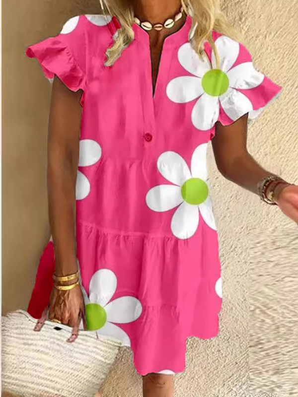 Cvjetna šifon haljina, A-linijski kroj, ovratnik s gumbima, rukavi 3/4 duljine, poliester 70–80%