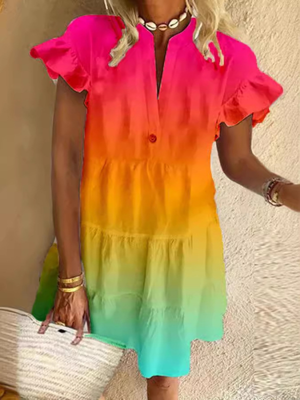 Cvjetna šifon haljina, A-linijski kroj, ovratnik s gumbima, rukavi 3/4 duljine, poliester 70–80%