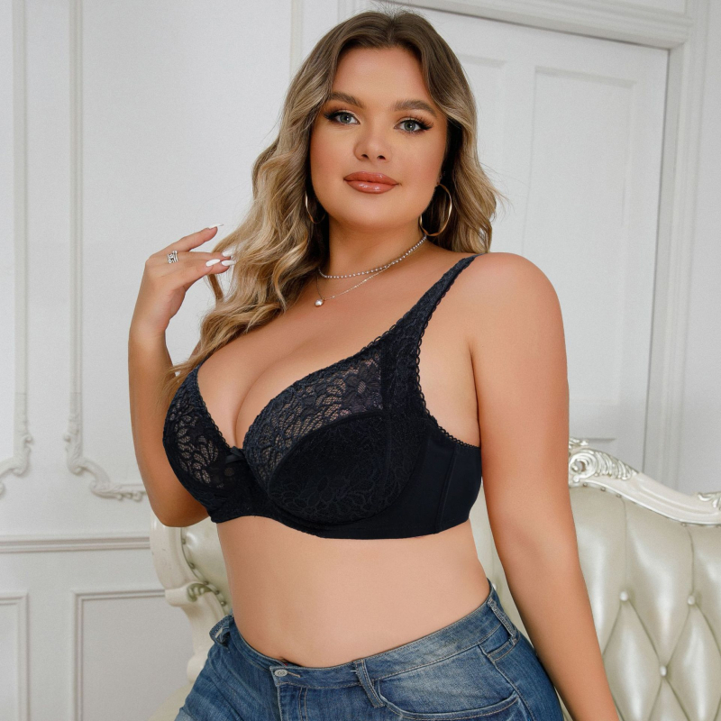 Plus Size Δαντελένιο Push-Up σουτιέν, πλήρης чашα, λεπτές molded cups, βασικό ύφασμα νάιλον δαντέλα, επένδυση από σπαντέξ, σταθερά διπλά ιμάντα, κλείσιμο πίσω με τρεις σειρές αγκίστρων
