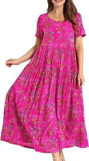 Rochie midi cu pliuri florale, croială lejeră — poliester, imprimeu cu efect 3D, imprimare, mâneci scurte, guler rotund